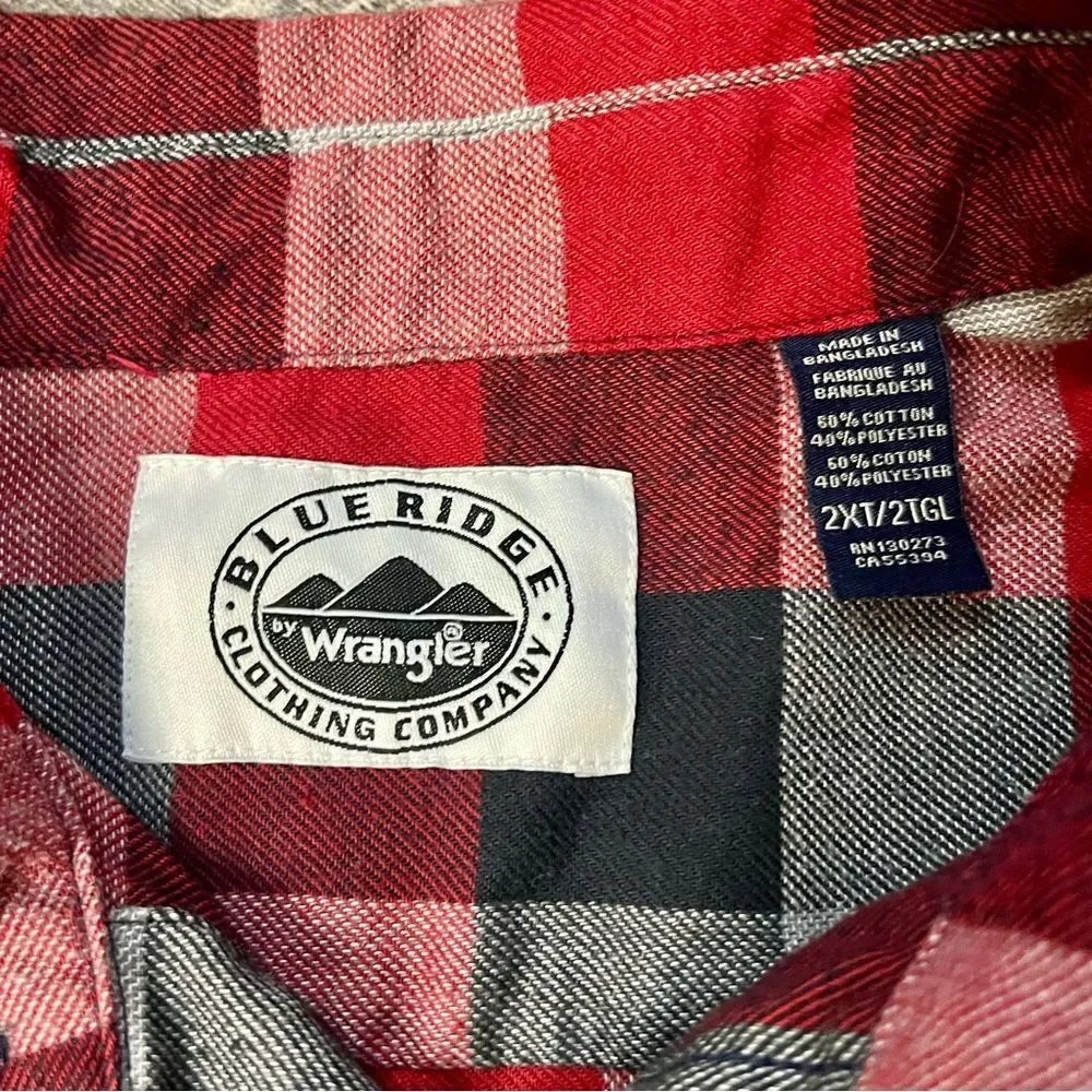 Wrangler Blue Ridge 2XT Buffalo Plaid Flannel Shirt Red Black Tall Men’s